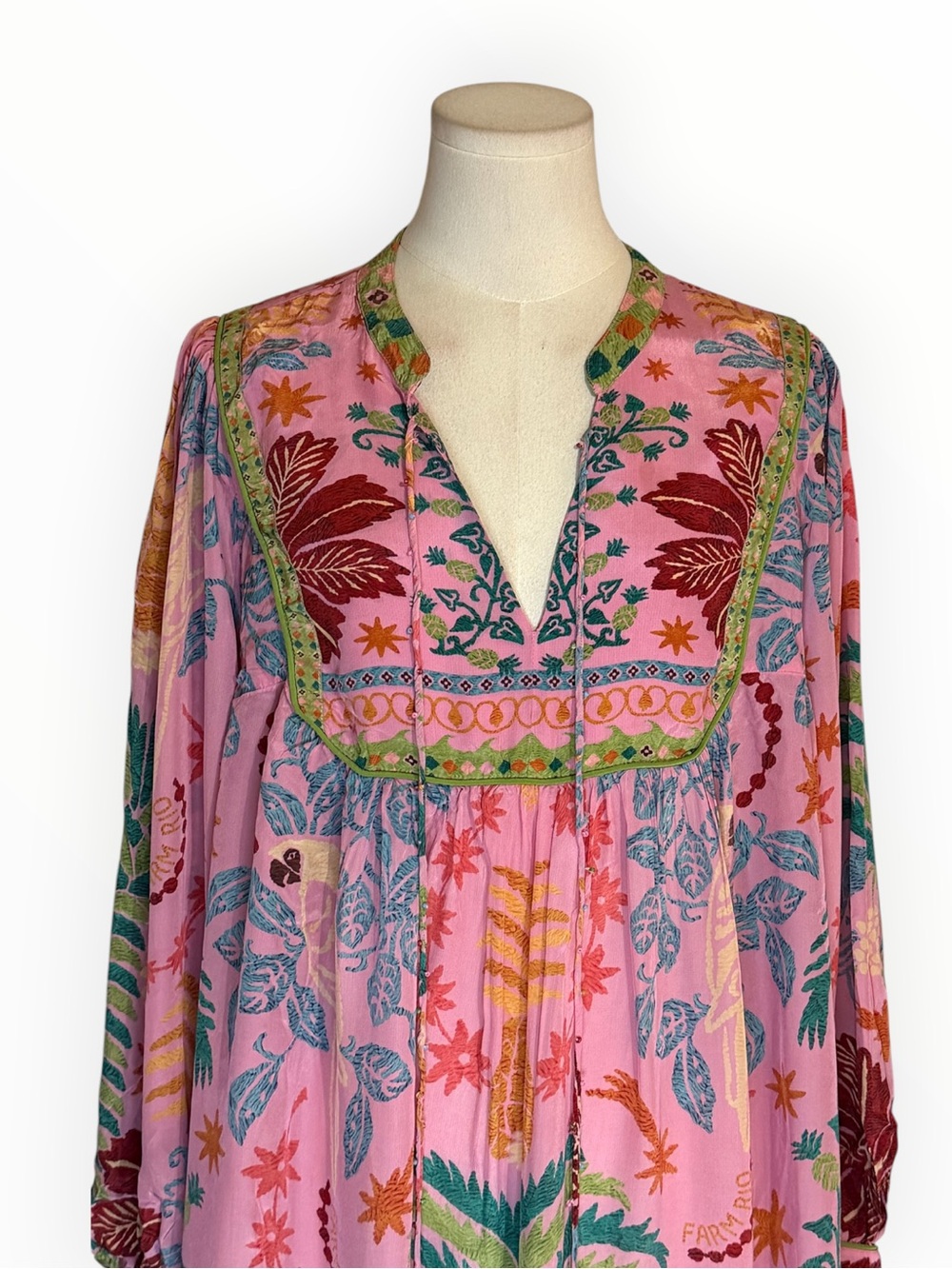 FARM RIO Pink Fruits Queen Scarf Midi
Dress Boho Floral Tropical XL Beaded Flowy - Picture 10 of 15